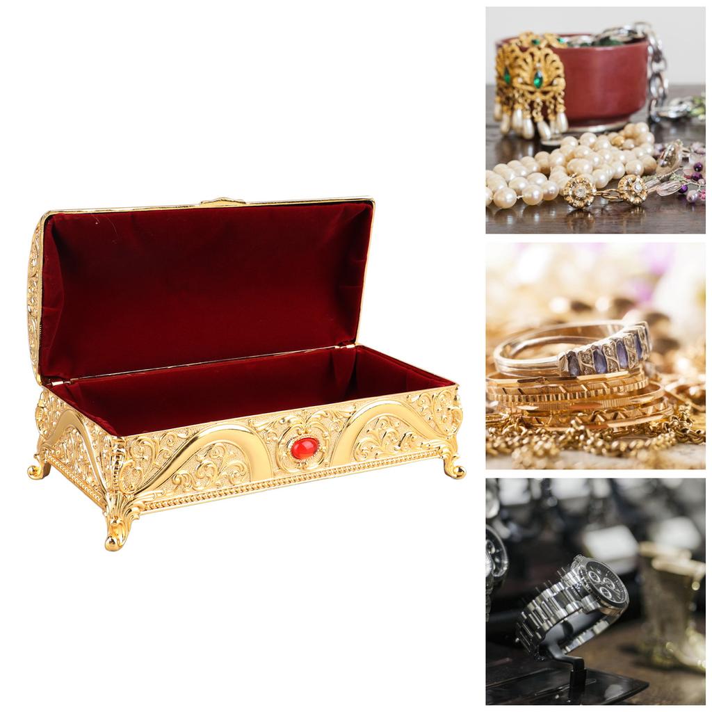 Vintage Metal Jewelry Box Rectangle Delicate Pattern Trinket Box with Soft for Rings Rrings