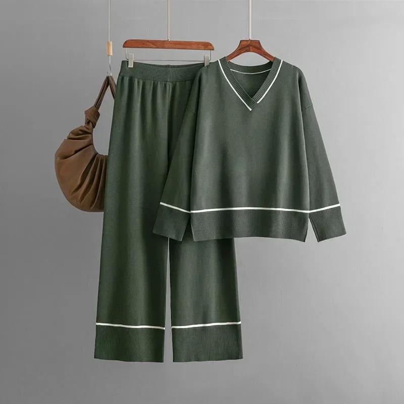 

Круглый вязаный свитер женские брюки комплекты пэчворк пуловеры широкие брюки осень зима новые комплекты из двух частей женские наряды One Size зелёный