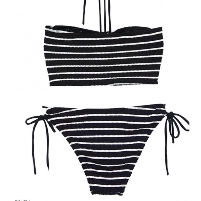 

2024 Корейский полосатый купальник-прикрытие для пляжа с халтером, стройнящий L чёрный
