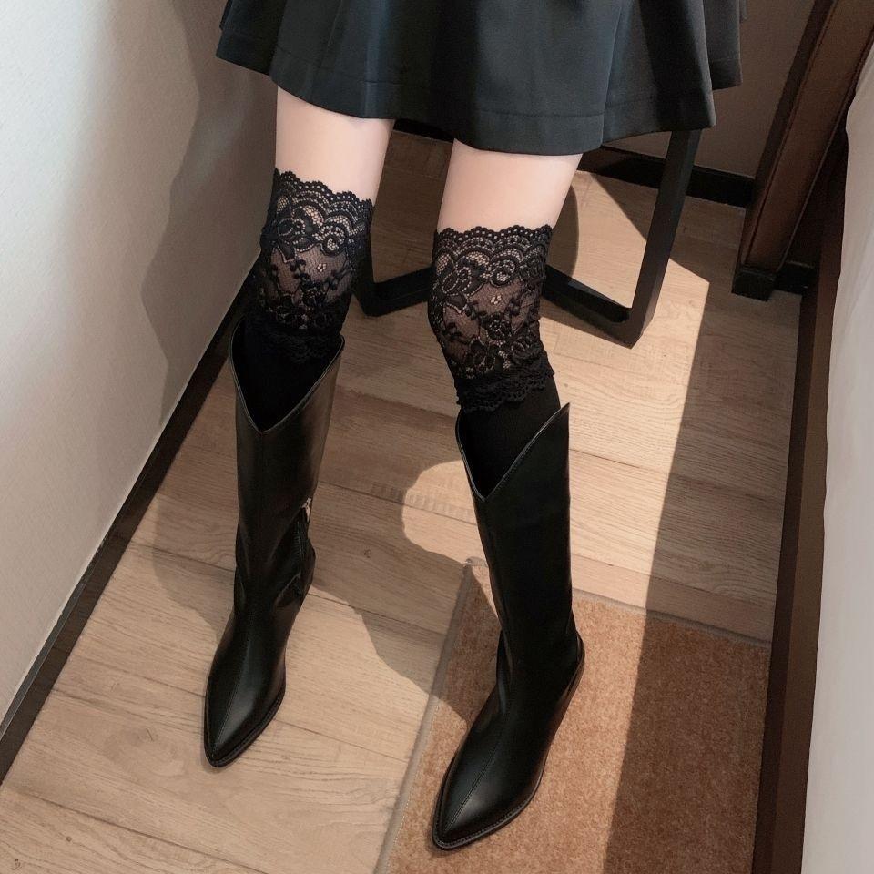 Women's Warm Over-the-knee Socks, Thick Socks, Long Socks, Non-, Solid Color, Lace Trim.