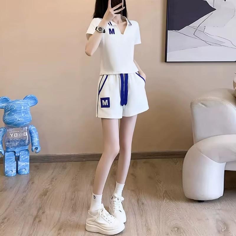 White Leisure Sports Set Women's Summer Western Style Slim Fashion Trend Short Sleeve Shorts Two Piece Set