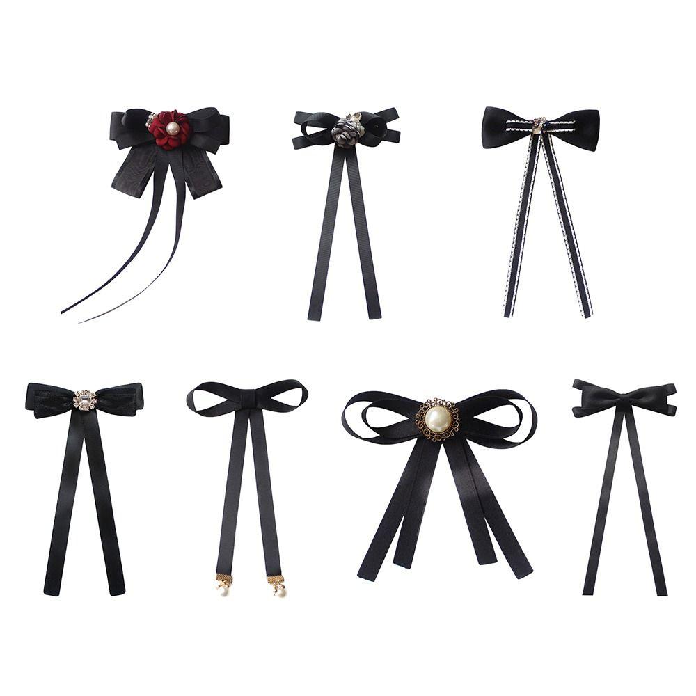 Black Ribbon Bow Tie Rhinestone Pearl Bow Blouse Bowknot New Collar Pin Brooch  For Women Girls