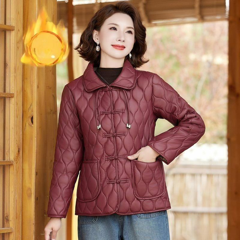 Chinese-style Mother Plus Velvet Jacket, PU Leather, Windproof Clothes, Autumn and Winter Age-reducing Retro Cotton-padded Clothes