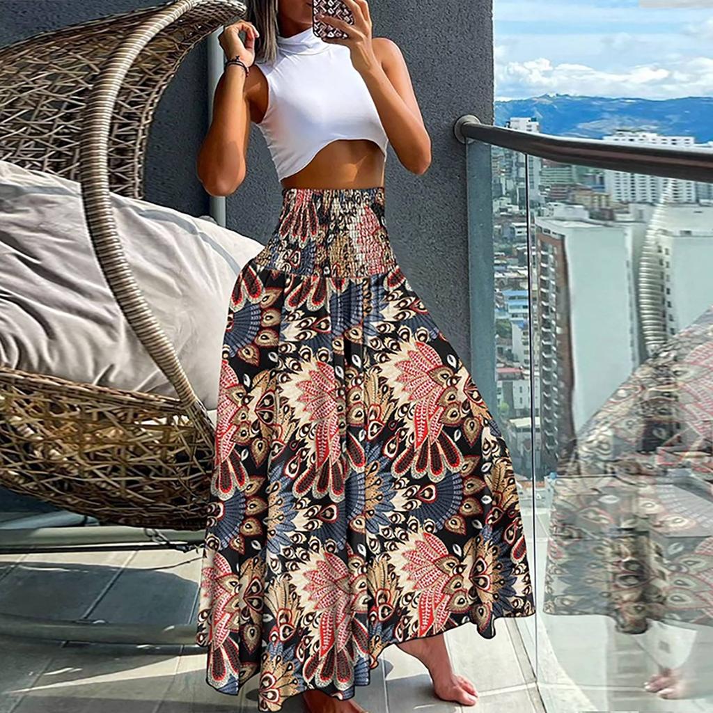 Women’s Casual Loose Boho Elastic Waist A-Line Beach Flowy Swing Vacation Floral Printing Maxi Skirt