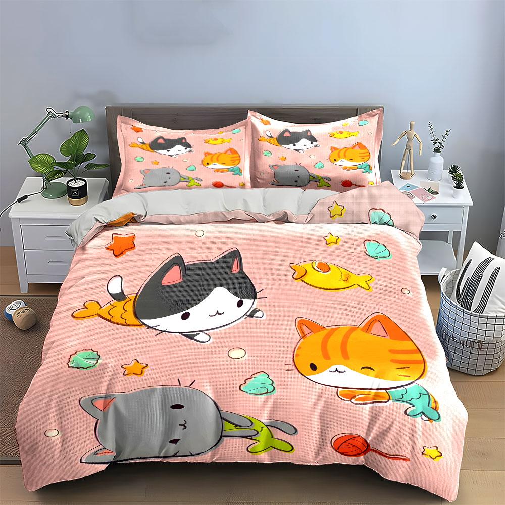 "Cartoon Cat Trio Decoration Set" Bedding Set with 1 Duvet Cover 2 Pillowcases Single Double King Queen, Gift