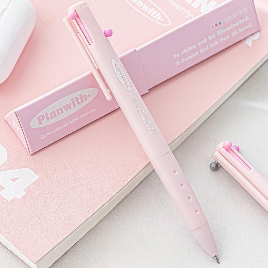 1pcs Triangular Multi-color Pen, Planwith Sign Series 3 Colors 0.5mm Point Gel Pen Multifunctional Liner Marker School