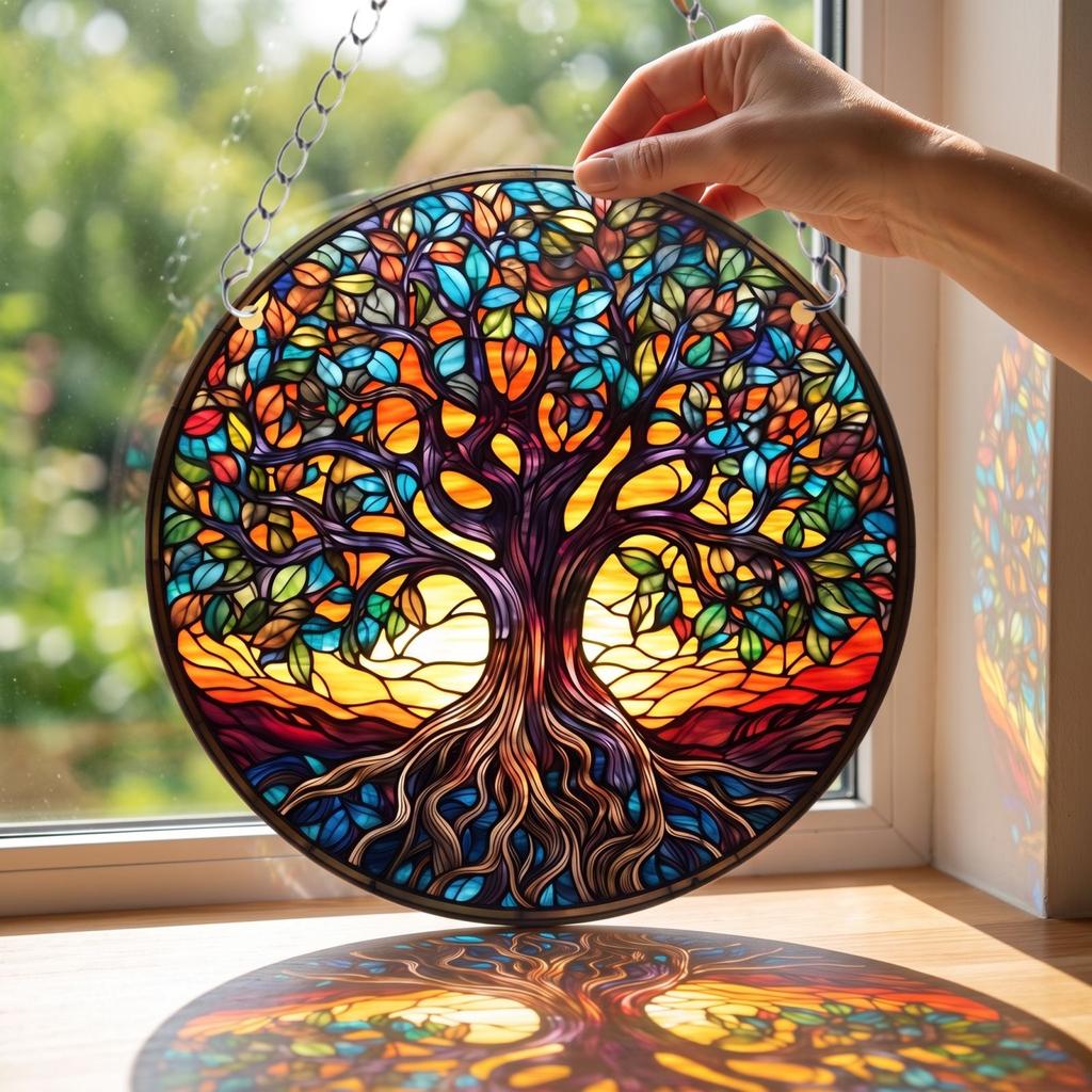 Acrylic Hanging Ornament - Tree of Life Design, Colorful Stained Glass Decoration for Window, Home, Garden, Indoor Outdoor Use