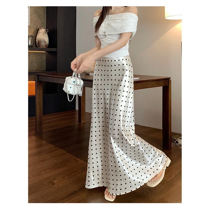 Moda Primavera Verano Elegante Estampado de Lunares Falda Larga Cintura Alta Suelta Ajustada a la Cadera Línea A Faldas de Fiesta Ropa Sencilla Casual para Señoras de Oficina