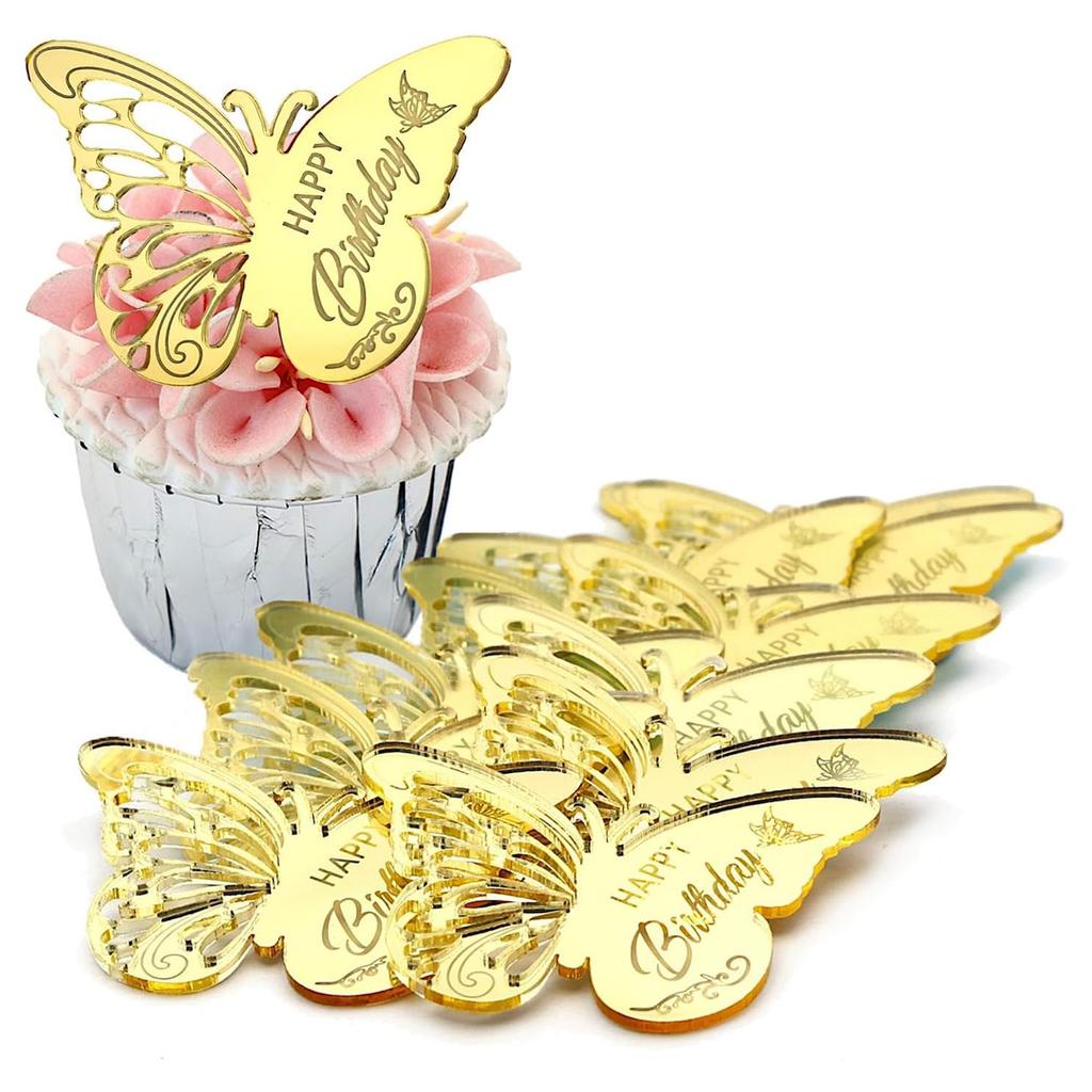 12 Pieces Acrylic Happy Birthday Butterfly Cupcake Toppers for Party, Engraved Mirror Acrylic Cake Disc for DIY Cupcake Decor