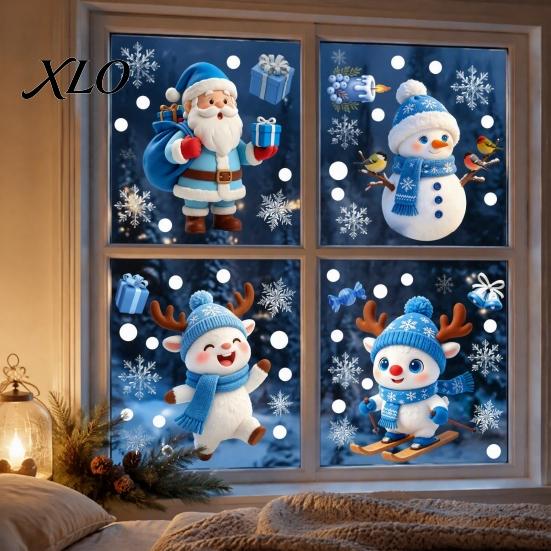 Snowflake Pattern Window Sticker Christmas Static Glass Sticker, Santa Claus Snowman Reindeer Seasonal Cling, Reusable Waterproof Decorative Decal for