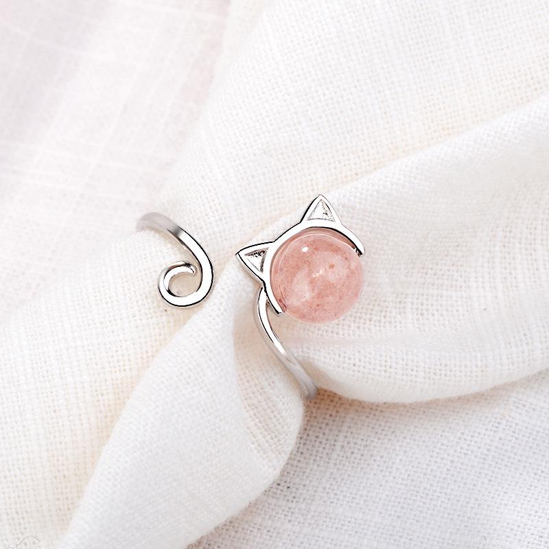 Pierścionek otwarty z kryształem truskawkowym Gu Maoning - Słodki design kota z sercem, Regulowany dla kobiet i studentek, Styl japoński i koreański.