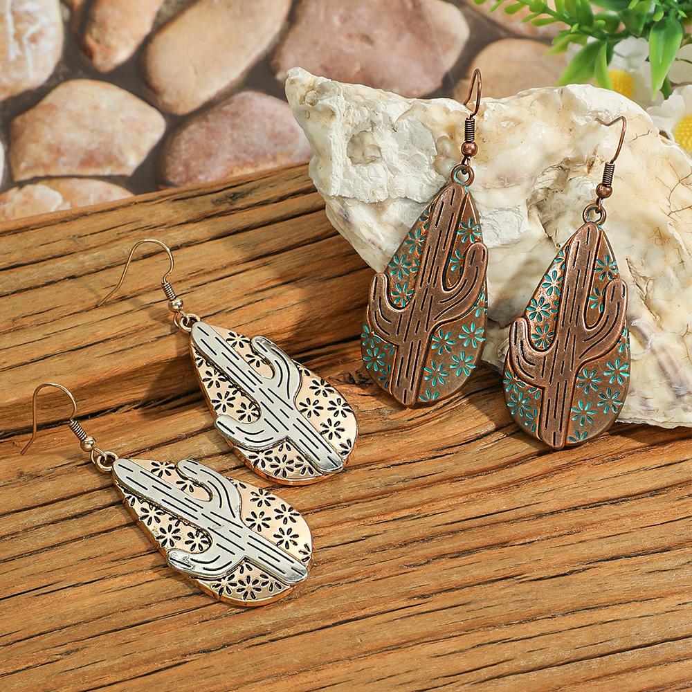 2pairs Cactus Earrings for Women Geometric Waterdrop Shaped Boho Fashion Minority Accessories Daily Wear Party Decors Gifts