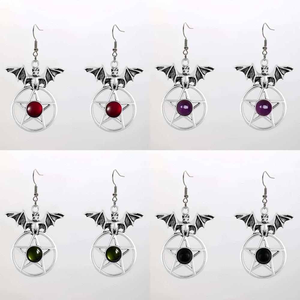 Goth Punk Sliver Color Vampire Bat Five-pointed Star Red Crystal Pendant Dangle Earrings for Women Halloween Party Witch Jewelry