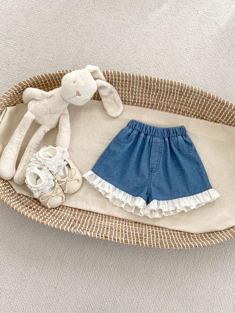 Korean Girls Solid Lace Trim Denim Shorts Baby Fashion Soft Jean Pants