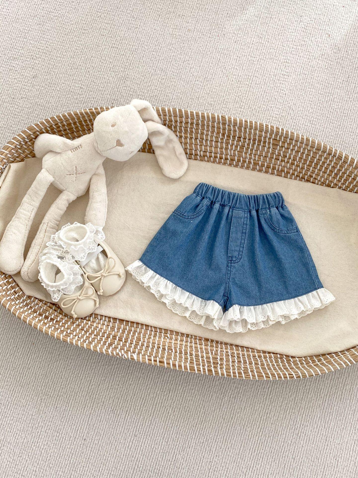 Korean Girls Solid Lace Trim Denim Shorts Baby Fashion Soft Jean Pants 66