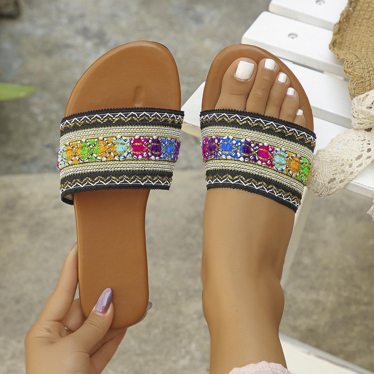 

Цветные текстильные шлепанцы на плоской подошве, женские, в богемном стиле, с одной перемычкой, крутые шлепанцы, женские повседневные шлепанцы 43 чёрный