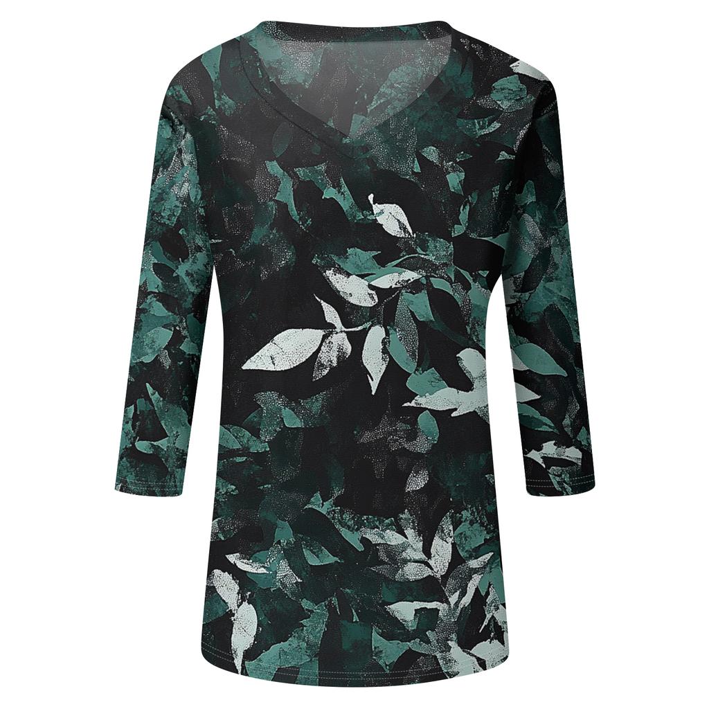 Women’s V Neck Floral Print Blouse Three Quarter Sleeve Casual Loose Fit Lightweight Top for Everyday Wear