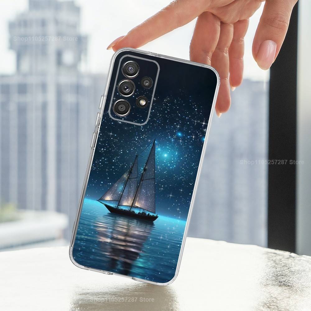 Painting Art Sailing Boat Phone For Samsung A30,71,51,S20,10,9,Ultra,FE,Lite, S21,23,22,PIus,Transparent, Silicone Case