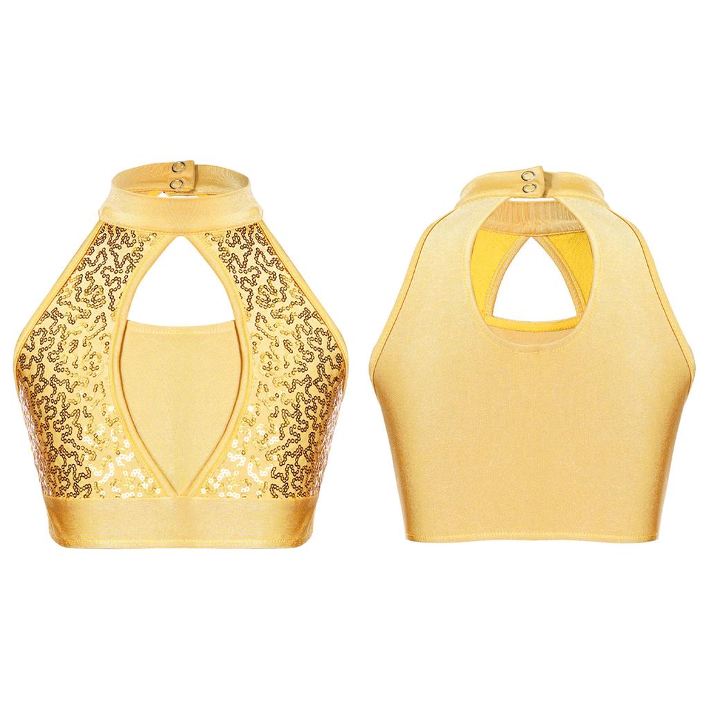 Girls Sleeveless Mock Neck Crop Top Sequin Patchwork Hollow Front Keyhole Back Dancewear