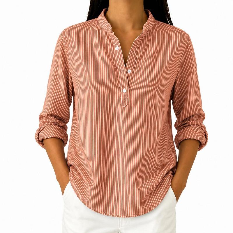 Women stand collar vertical stripe long sleeve shirt solid green half button casual blouse S оранжевый