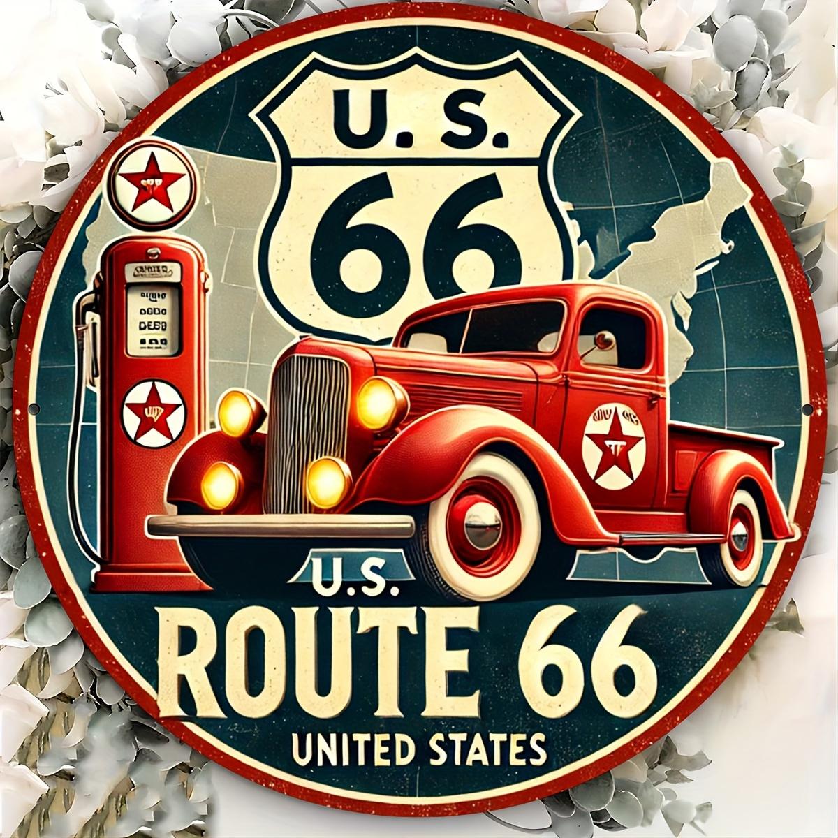 

Vintage Route 66 Sign. Circular metal tin plaque for man cave, garage or gifts. чистый