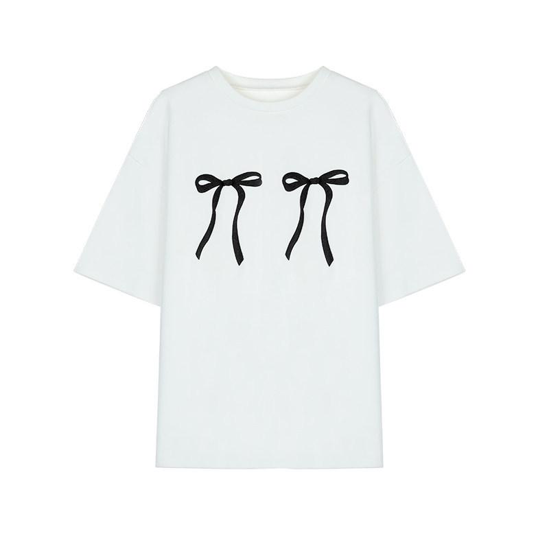 

Plus Size Harajuku White Bow Print Short Sleeve T-shirt for Women M (80-100 lbs)