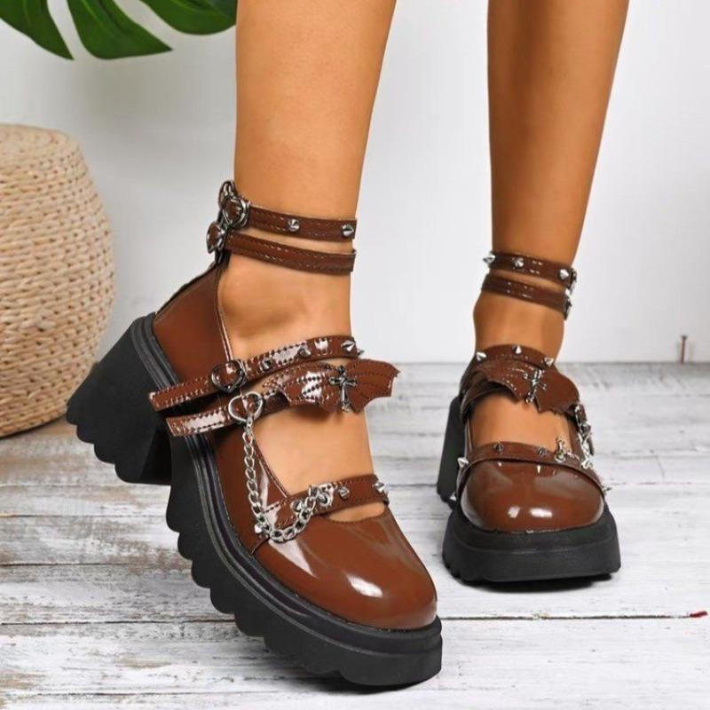 Fashion Square Heel Single Shoes Autumn New Round Toe Shallow Mouth One Slip with Rivet Metal Buckle Platform Non-Slip High Heels