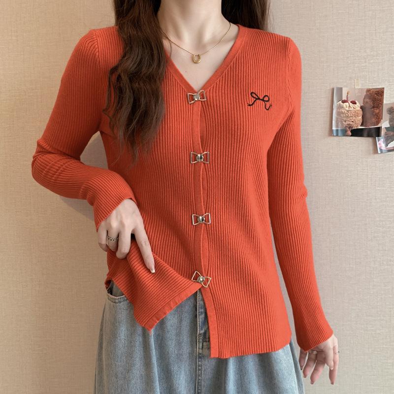 

DAFIFY Женская мода повседневная осень-зима однотонный принт длинный рукав V-образный вырез свитера Size: One Size оранжевый