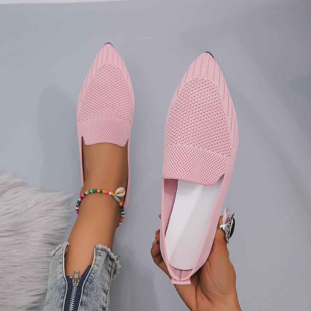 Elegant Office Women Loafers Ladies Hollow Knitting Breathable Solid Color Pointed Toe Mesh Shallow Mouth Flat Casual Shoes