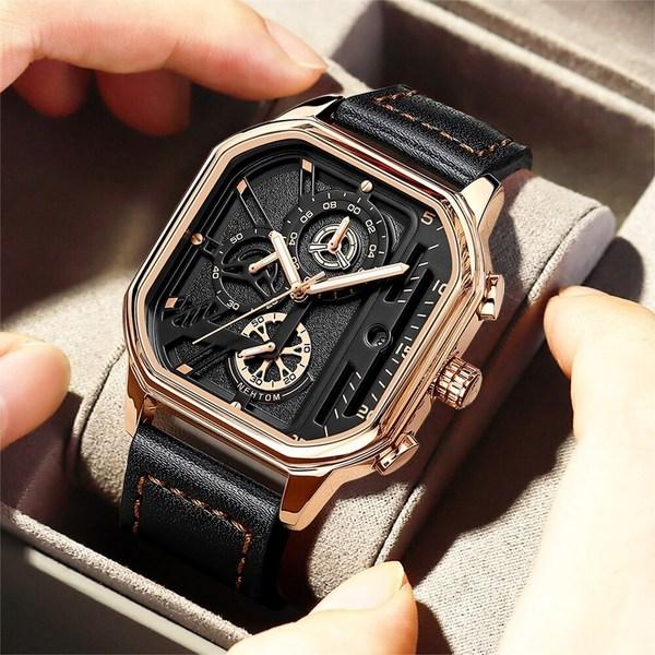 Pánské náramkové hodinky Pánské kožené hodinky Luxusní hodinky Ležérní módní pár Čtvercové hodinky z telecí kůže