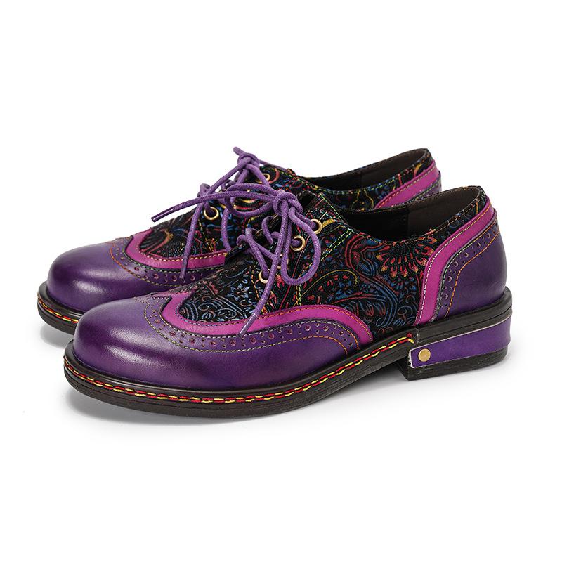Johnature Pumps Women's Shoes Genuine Leather Lace-up Retro Round Toe Versatile Low Heels Shoes