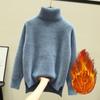 Winter Turtleneck  Thicken Sweater Women Casual Warm Plush Lining Knit Tops Add Velvet Bottomed Blue Pullover