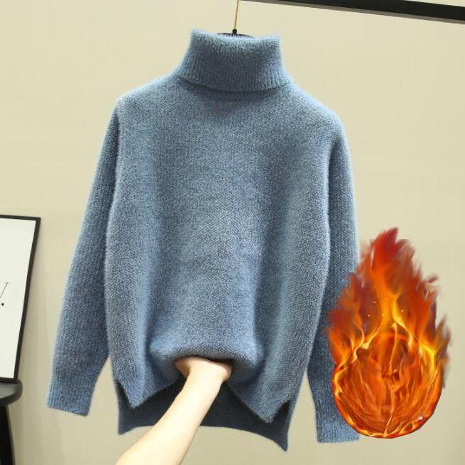 Winter Turtleneck  Thicken Sweater Women Casual Warm Plush Lining Knit Tops Add Velvet Bottomed Blue Pullover