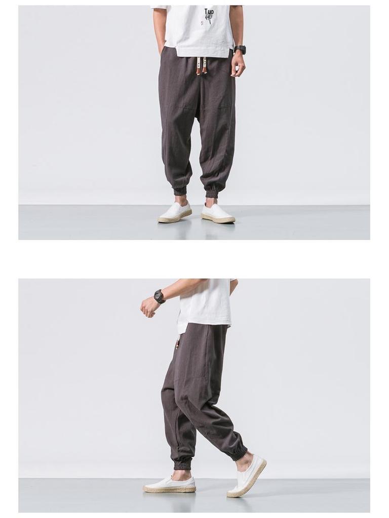 2022 Men's Loose Linen Ankle-Length Drawstring Trousers - Youthful Spring/Summer Style, Plus Size, Solid Color.