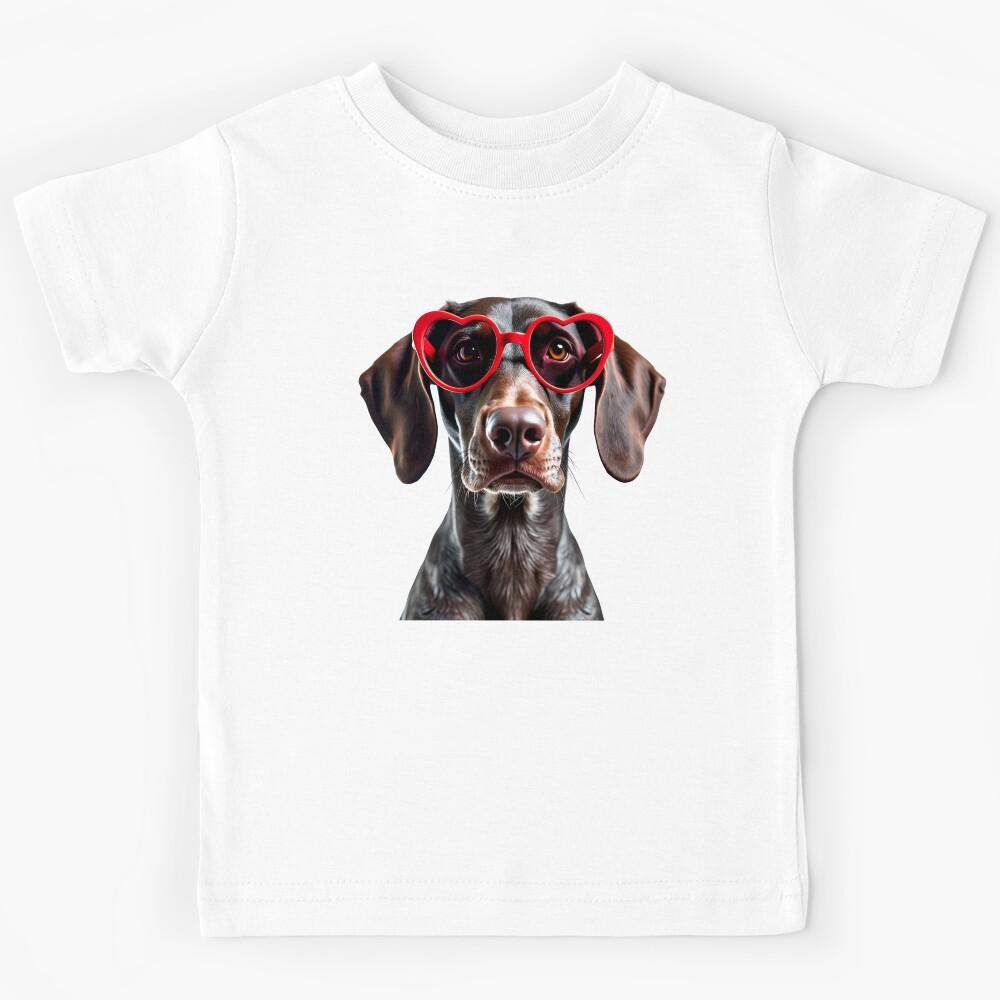 Funny cool German Shorthaired Pointer dog wearing a heart shape sunglasses Kids T-Shirt 110