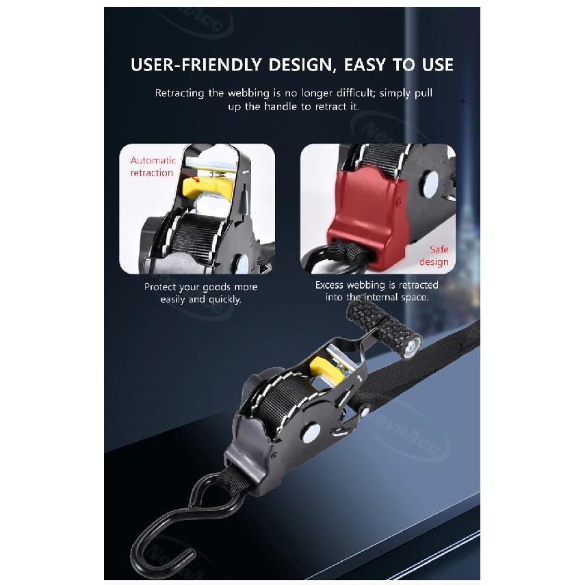 NovaAcc Retractable Ratchet Tie Down Strap for Heavy Duty Ratchet Straps 680KG Quick Release Motorcycle Car Cargo Luggage