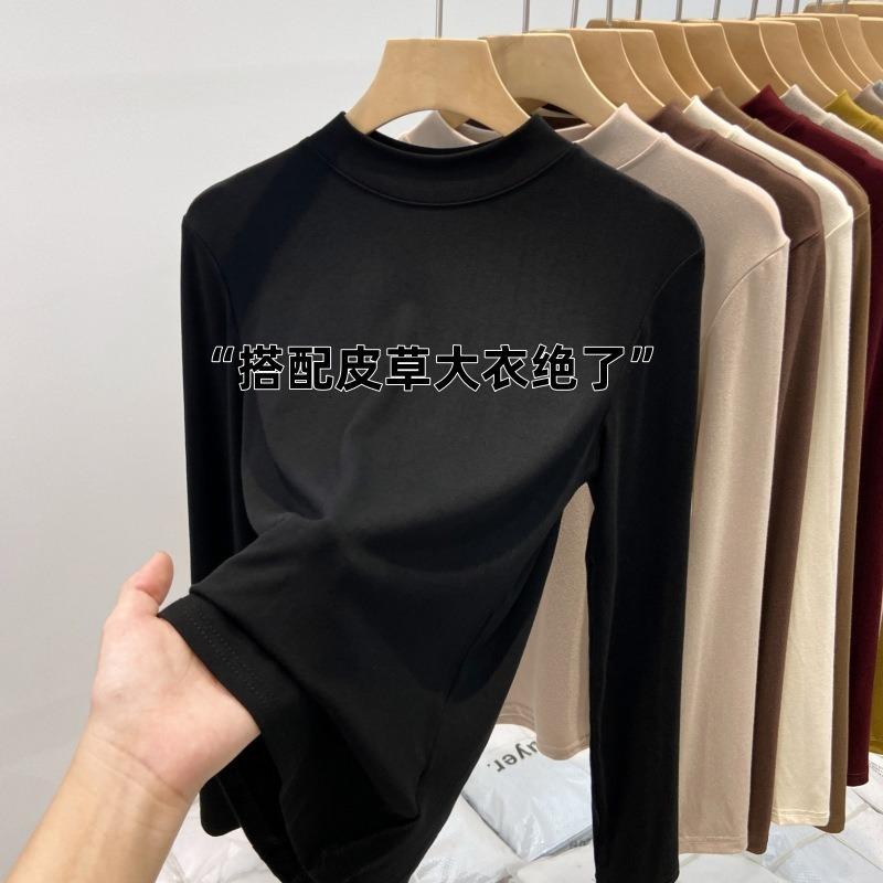 Warm polished small stand-up collar bottoming shirt for women's spring slim-fit long-sleeved T-shirt thin velvet basic top