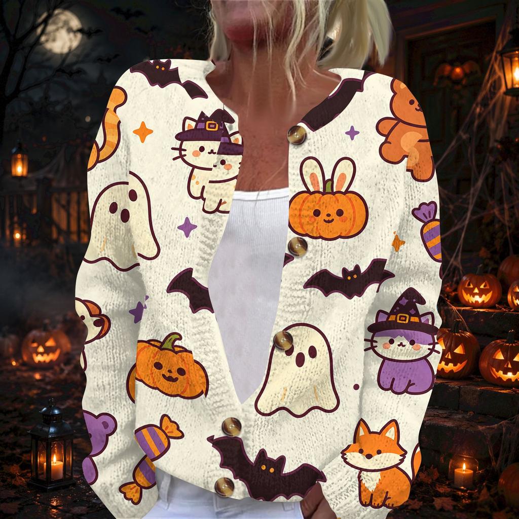 Women's Halloween Print Long Sleeve Knit Cardigan Button Front Fall Casual Outerwear