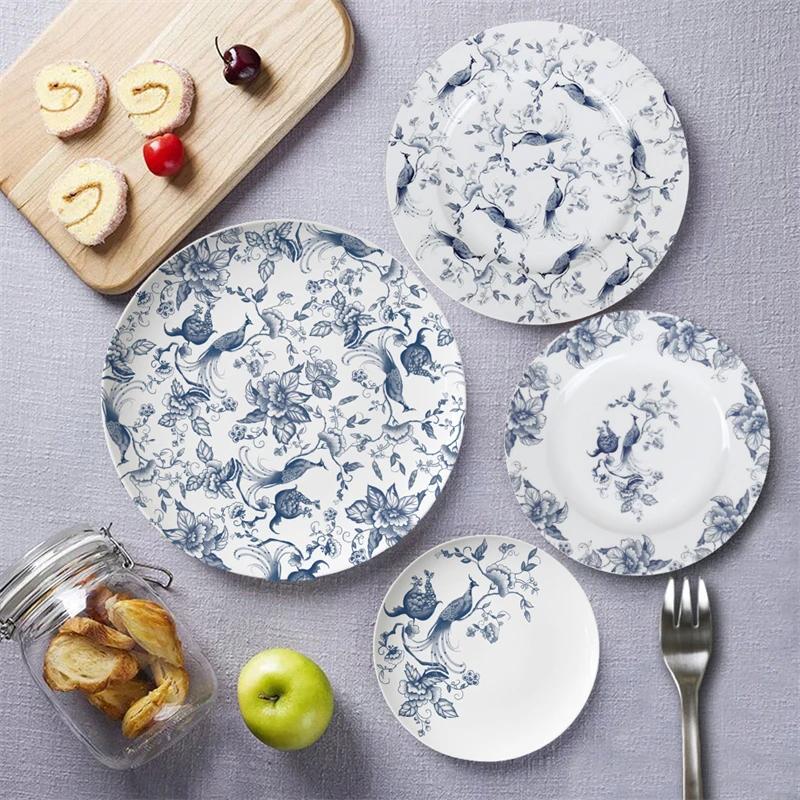 12/10/8/6.5in Round Bone china Tableware European Blue Floral Pasta Plate Ceramic Salad Plate Dinning Plates