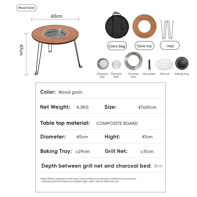 Folding Barbecue Stove Outdoor Camping Tea Boiling Stove Wood Grain Round Folding Table Picnic BBQ Stove