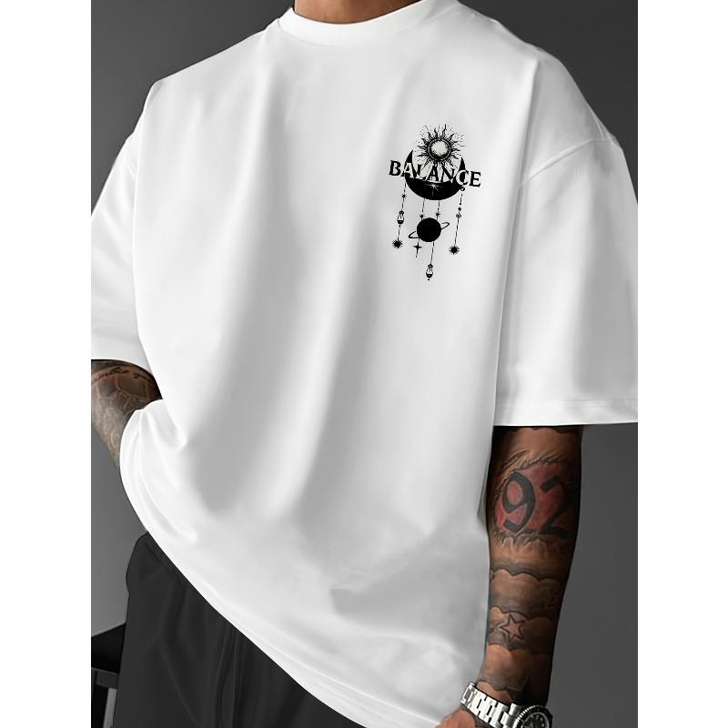 European Size Sun, And Stars, Planets of The Sun "Balance" Pattern Men'S T-Shirt, Streetwear, Casual Style, Loose Drop Shoulder Fit, Plus Size