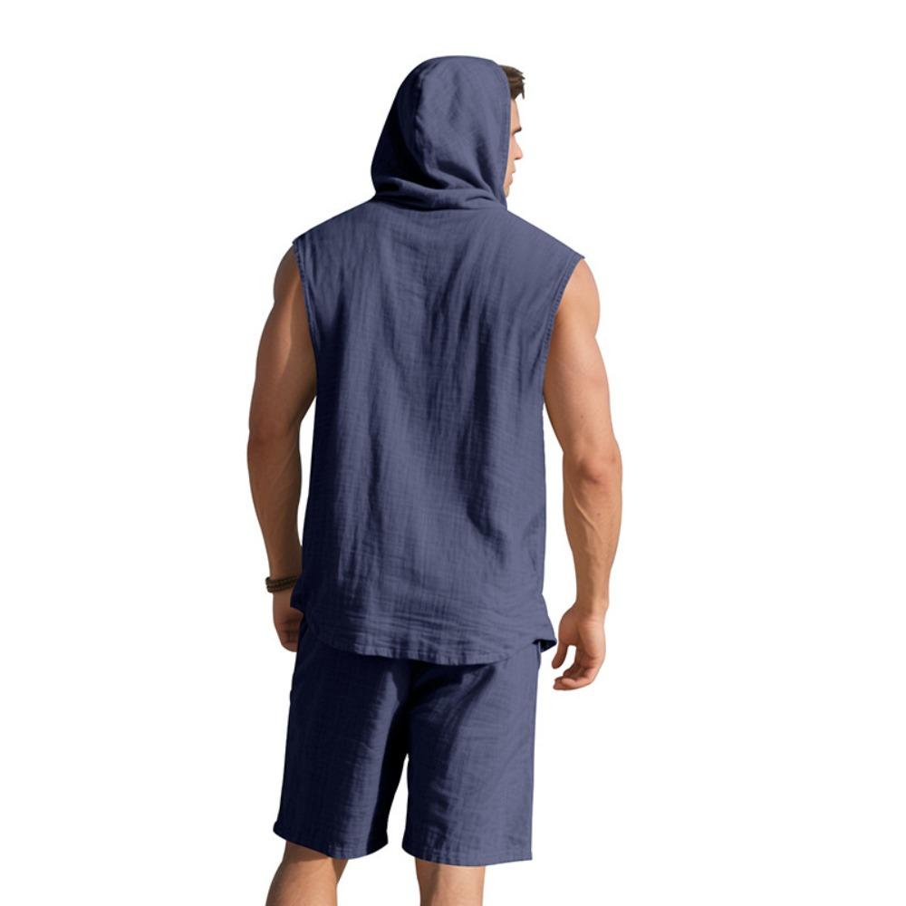 Mens Summer 2 Piece Outfit Shorts Set with Sleeveless Hooded Shirt Top Cotton Beach Casual Loose Fit Comfortable Athletic