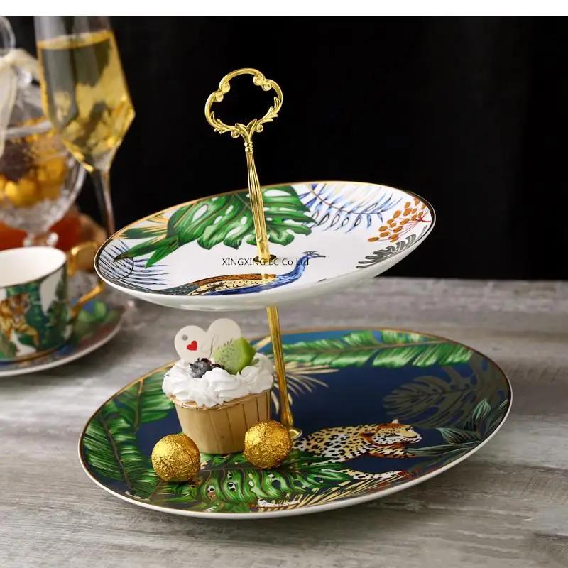 Nordic Light Luxury Cake Stand Double Fruit Plate Fantasy Jungle Animal Tray Household Dim Sum Candy Ceramic Tableware