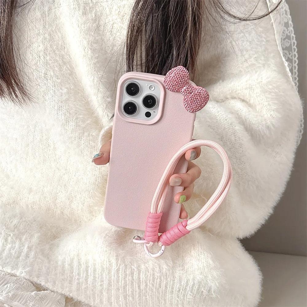 3D Strass Schleife Litschi Muster Weiche Handyhülle Für iPhone 11 12 13 14 15 16 Pro Max Plus 16E X XS XR Mit Lanyard Seil Hülle
