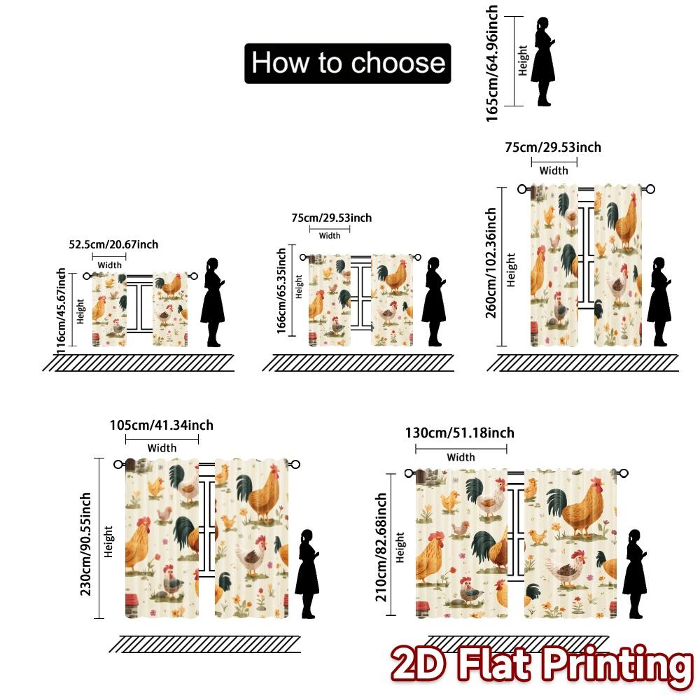 Set Of 2 Flat Printing Curtains Without Rod Rooster Meadow Chic Fabric Curtain Light Filtering Polyester Machine Washable