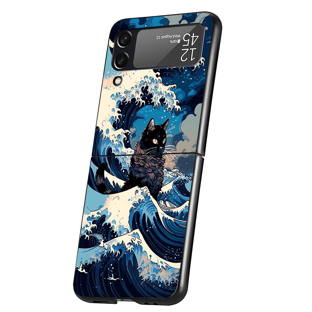 Anime Cat Sea Wave Aesthetic Cover Phone Case For Samsung Galaxy Z Flip 7 6 5 4 3 5G Flip7 Flip6 Flip5 Flip4 Flip3 Black Fundas