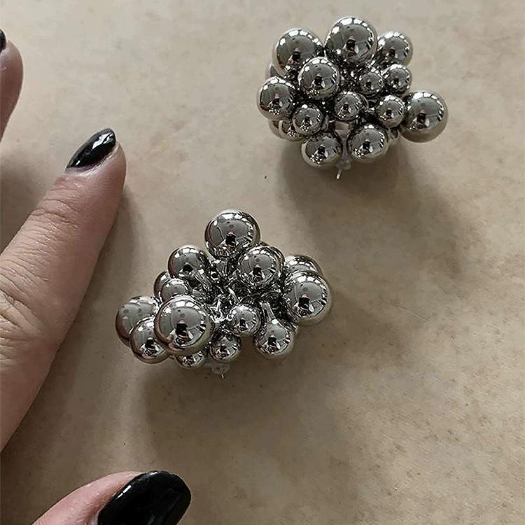 925 Sterling Silver Irregular Beaded Earrings with Textured Metal Balls – European/American Style, Exaggerated Fashion Design