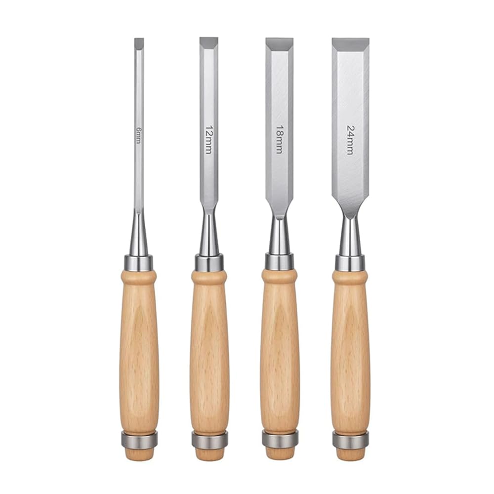 Set of 4 Chisels for Chrome Vanadium Excellent Professional Grade Carpentry, 6/12/18/24mm, Steel, Sharpness,