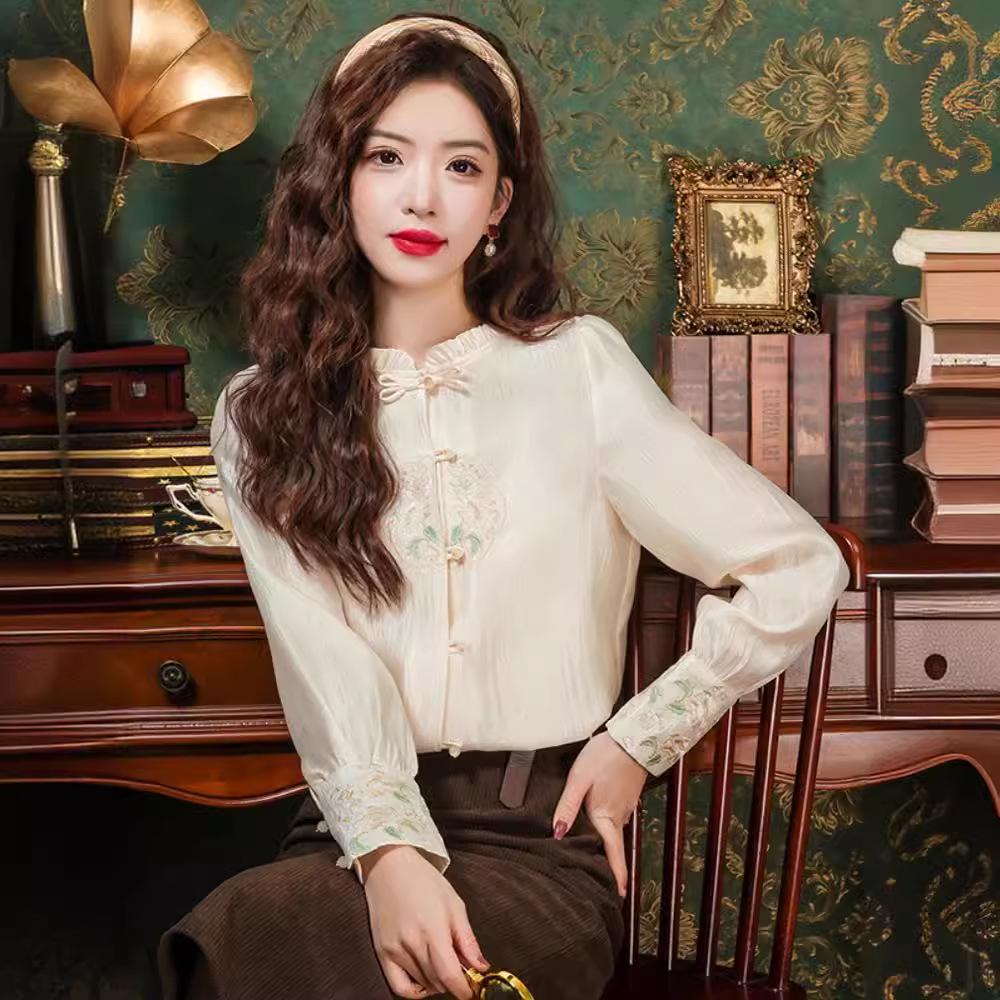 Women's Spring Retro Embroidered Chiffon Blouse with Frog Buttons and Stand Collar in Apricot