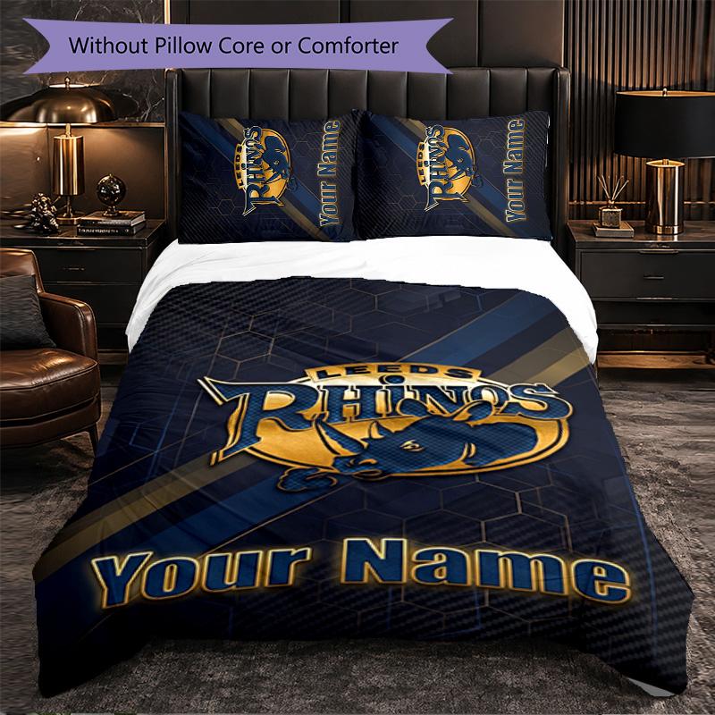 Set Biancheria da Letto Personalizzato Leeds Rhinos con Nome Testo, 1 Copripiumino & 2 Federe Regalo Personalizzato per Camera da Letto